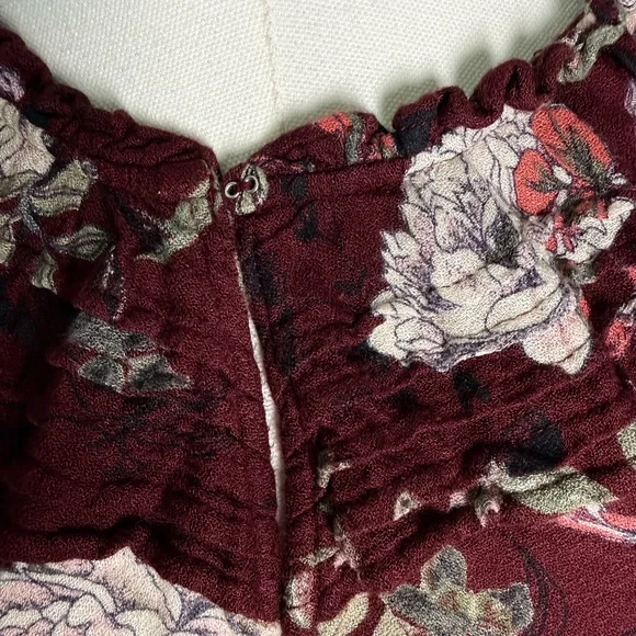 American Rag Burgundy Floral Long Sleeve Smocked Waist Mini Dress Peasant Boho - Picture 3 of 11